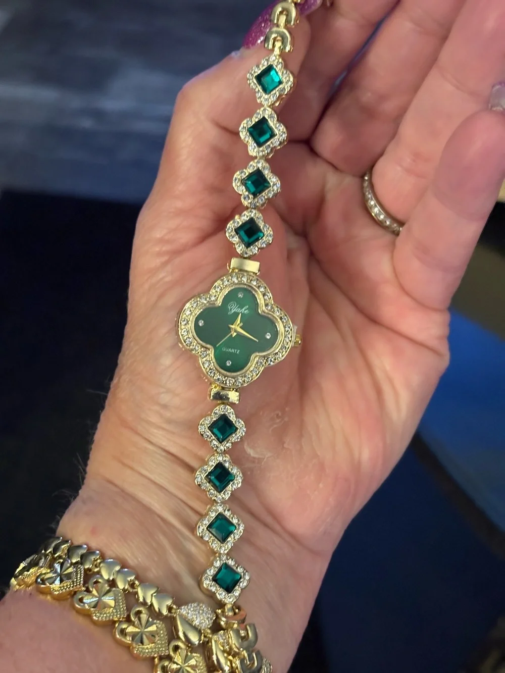 Watch-Emerald Green simulated 4 Leaf Clover GOLD TONE Watch Diamond like Bracel